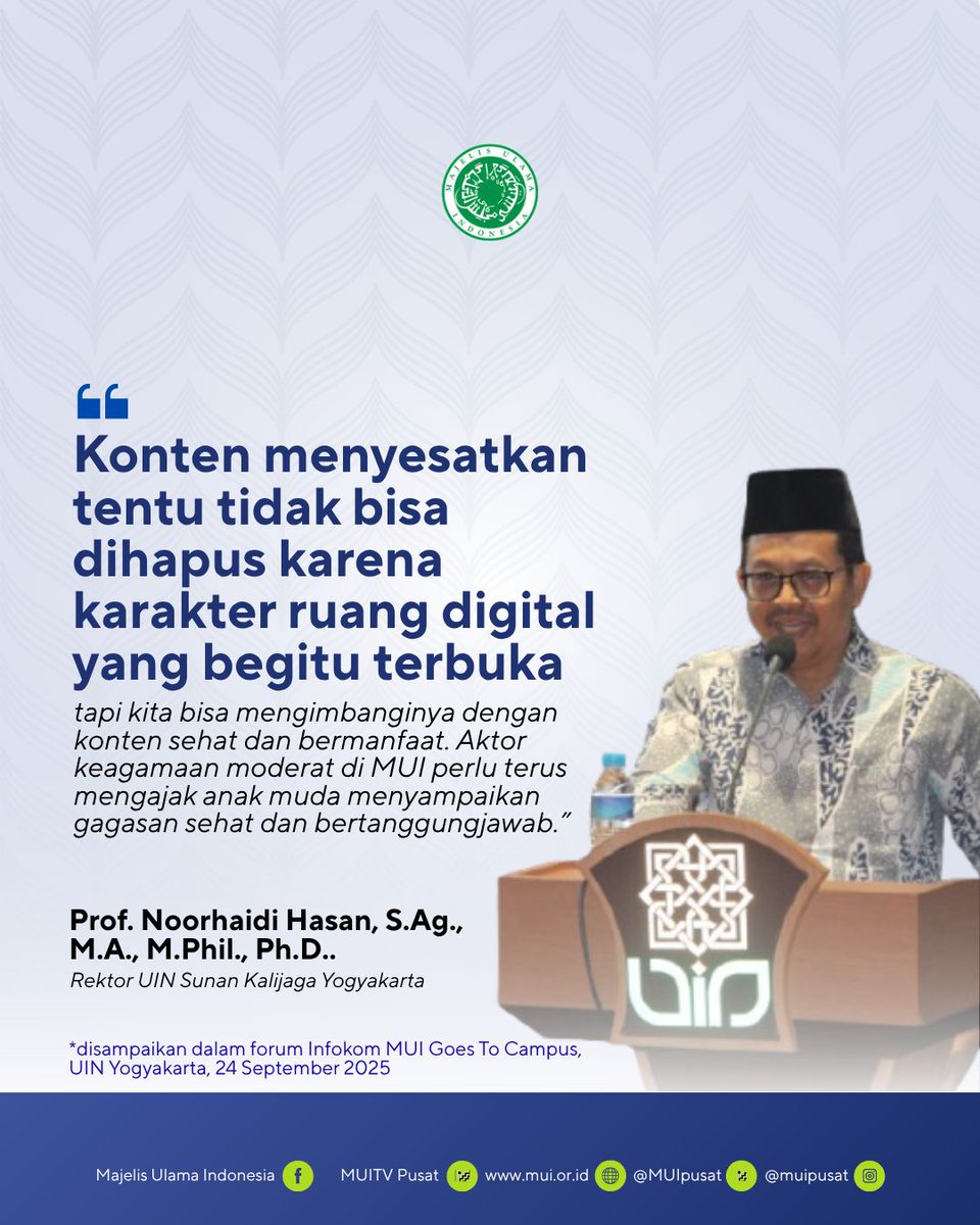 MUIPusat's tweet image. Ruang digital bukanlah wilayah yang dapat sepenuhnya dibersihkan dari konten negatif, karena sifat dasarnya yang bersifat terbuka. Kita bisa menghadirkan lebih banyak konten yang sehat, edukatif, dan membawa nilai kebaikan untuk menghadapi konten negatif.
#mui #Islam