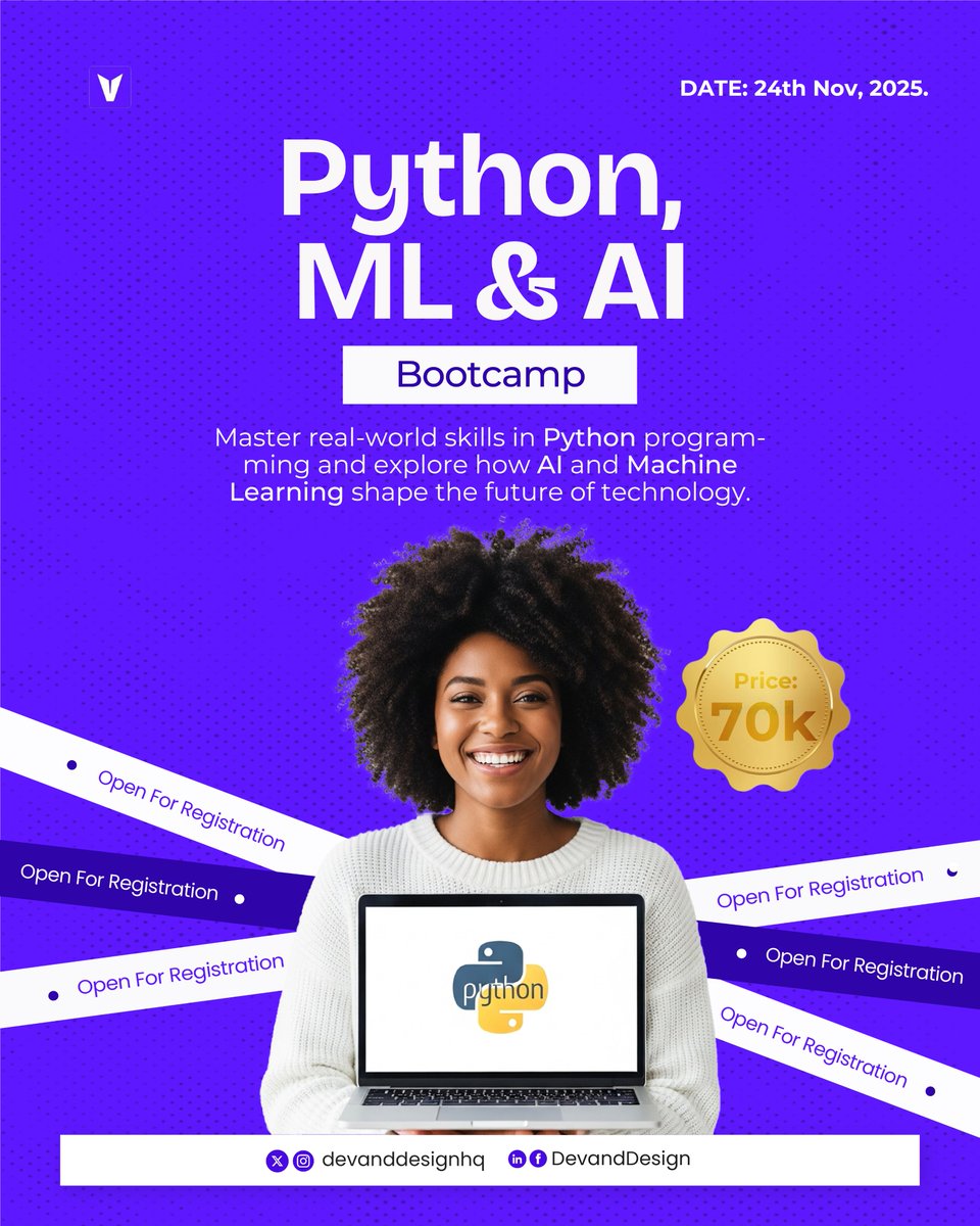devanddesignhq's tweet image. Ready to take the leap into the world of Python, Data Science & AI?
Our next Dev & Design Bootcamp is built to take you from beginner to confident data problem-solver.
You’ll master Python, machine learning, data visualization with Tableau, and real-life AI projects, all guided…