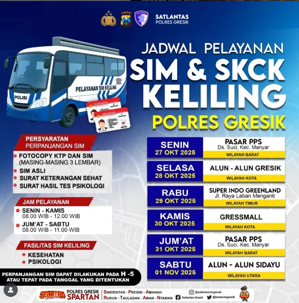 HumasGresik's tweet image. Hallo Rekk!!
Jadwal Sim Keliling untuk pekan ini (27 Oktober - 1 November 2025) sudah keluar.
Catat tanggal dan lokasinya, ya!
Jangan sampai kelewatan, ya☺️

#simkelilinggresik #gresik #satlantaspolresgresik #polresgresik
