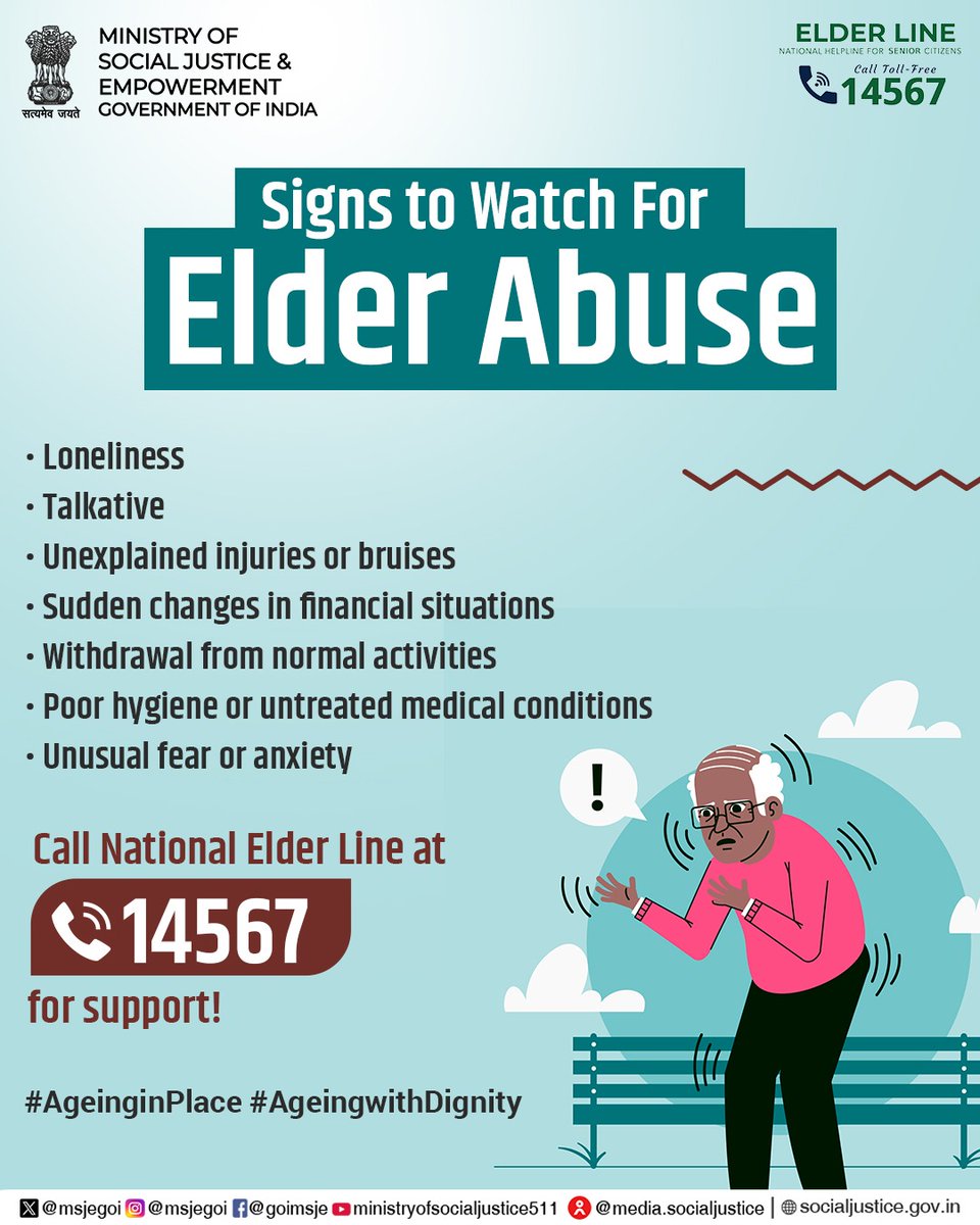 Elder abuse can take many forms — stay alert and protect our seniors.

If you notice signs like isolation, unexplained injuries, or fear, reach out for help.

📞 Call the National Elder Line at 14567 for support and guidance.

#AgeingWithDignity #RespectForElders #ElderLine #MSJE