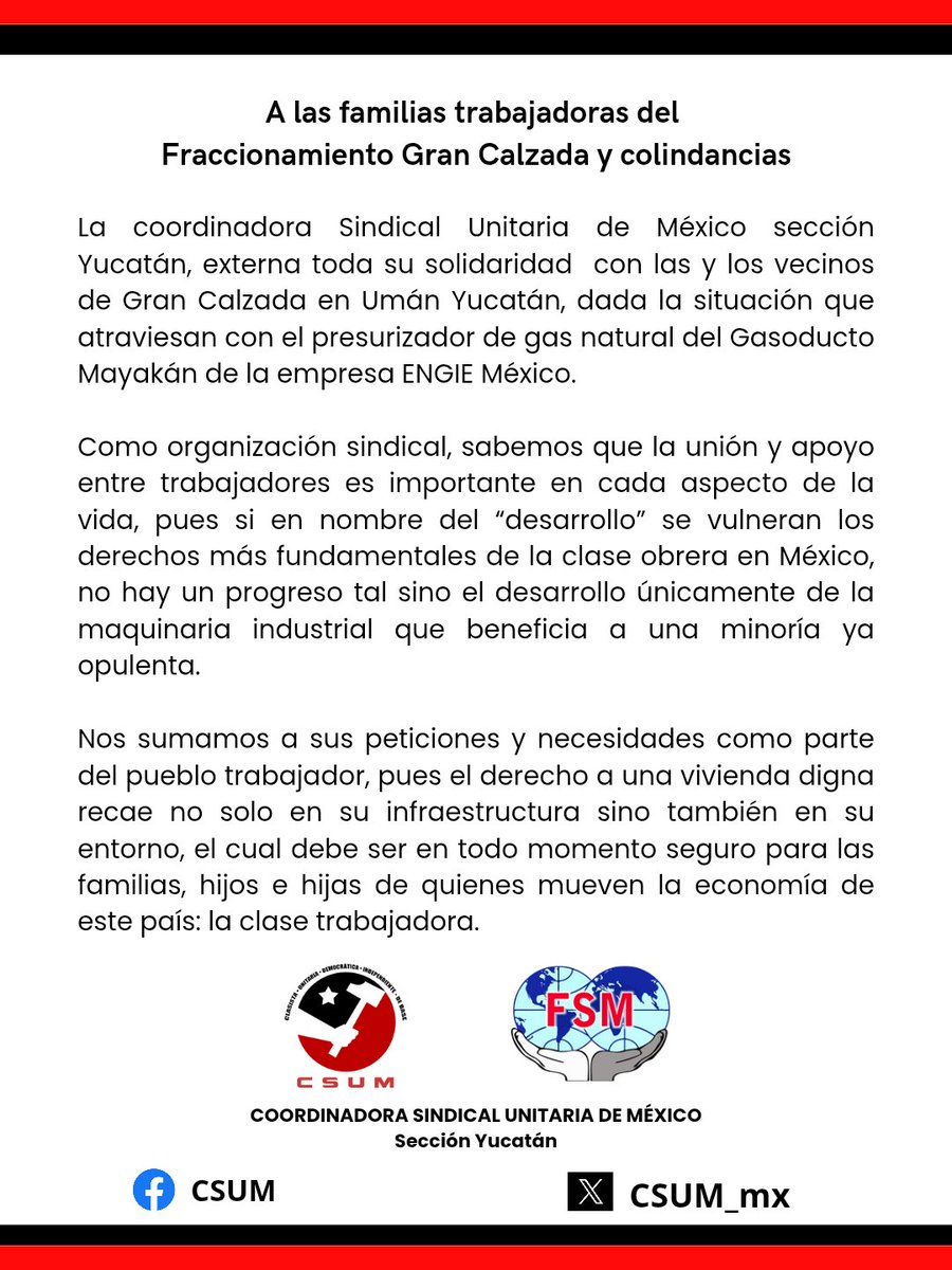 CSUM_mx's tweet photo. ⚠️ Pronunciamiento en solidaridad con los vecinos del fraccionamiento Gran Calzada y alrededores en Umán, Yucatán. 👇🏽👇🏽👇🏽

¡Por un entorno seguro para el pueblo trabajador! https://t.co/Fua75y6n7F