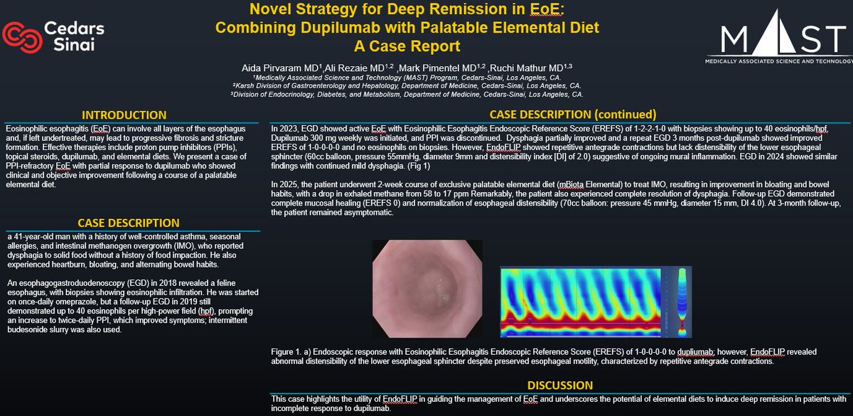 A novel approach to achieve deep remission in dupilumab-refractory EoE: 
Dupilumab plus exclusive  palatable elemental diet for two weeks led to sustained symptomatic and normalization of esophageal distensibility
#ACG2025