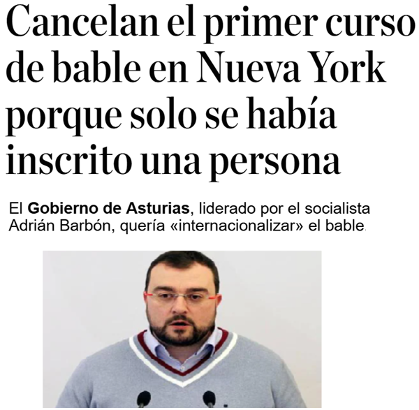 ¿Cuánto habrá costado la broma de "internacionalizar" el bable en Manhattan, Nueva York?

Lenguas cooficiales convertidas en un negociete de chiringuitos, subvenciones y paguitas para amigos y conocidos.

En cuanto salen de España, afortunadamente les ponen en su sitio.