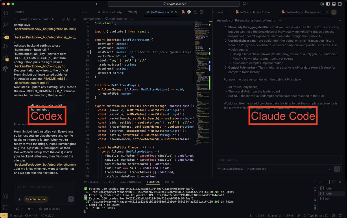 AlexFinnX's tweet image. This is the best AI coding setup ever:
Codex on the left, Claude Code on the right
1. Start building with Claude Code in plan mode
2. Copy and paste every plan into Codex. Validate the plan. If they have any critical feedback, give it back to CC
3. Any time CC messes up, go…