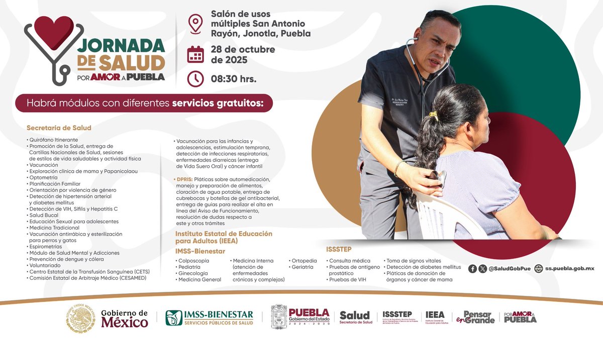 ¡SALUD GRATUITA AL ALCANCE DE TODOS! ✅

El <a href="/Gob_Puebla/">Gobierno de Puebla</a> te invita a la Jornada de Salud #PorAmorAPuebla en Rayón, Jonotla. Una oportunidad para realizarte estudios y chequeos sin costo.

Te esperamos el 28 de octubre a partir de las 08:30 hrs.

¡Es el momento de cuidar de ti y de