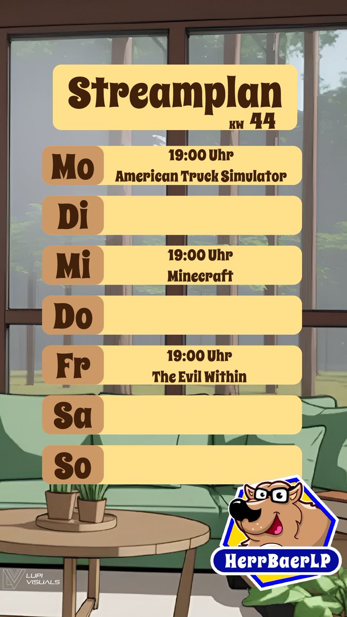 Hallo Freunde.
Hier ist der Streamplan für die KW44 2710.2025 - 02.11.2025

Mo.: 19:00 Uhr #AmericanTruckSimulator 

Mi.: 19:00 Uhr  #Minecraft 

Fr.: #Theevilwithin 

Sa. &amp; So.: spontan

Habt eine Tolle Woche 🐻🍯#honigliebe