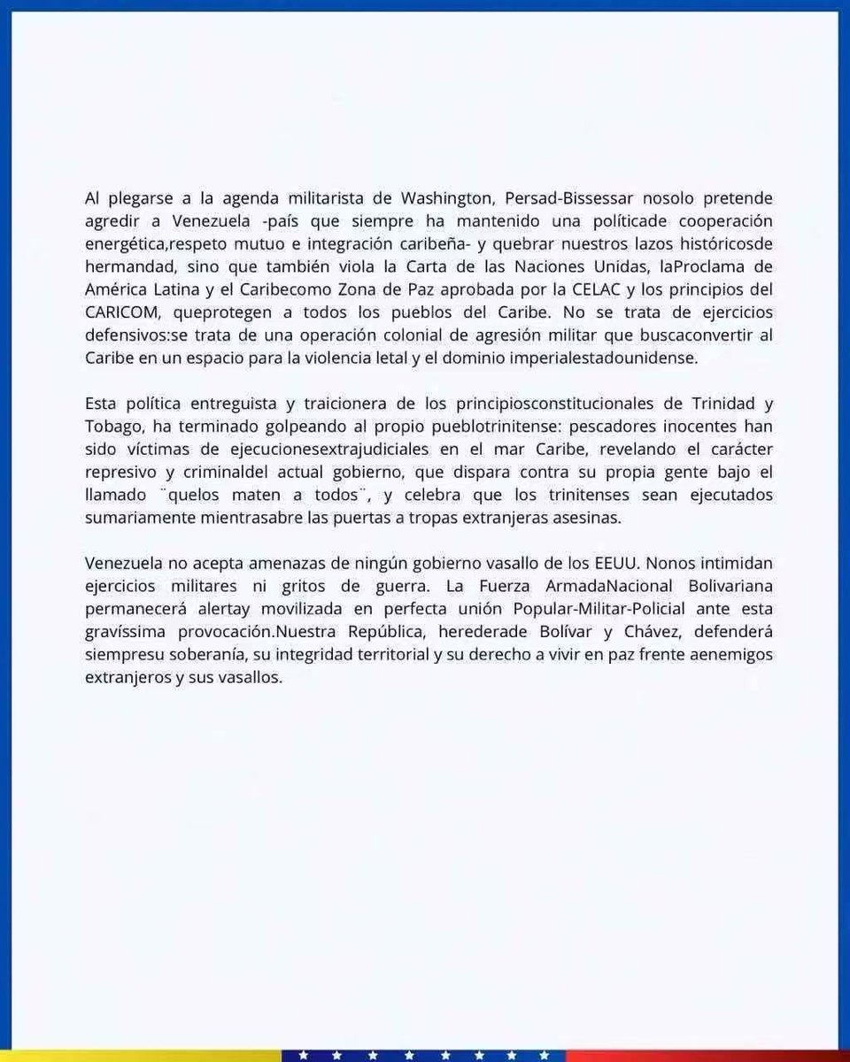 LO ÚLTIMO | Venezuela denuncia provocación militar de Trinidad y Tobago y la CIA para instalar una guerra en el Caribe (+Comunicado)

laiguana.tv/articulos/1423…