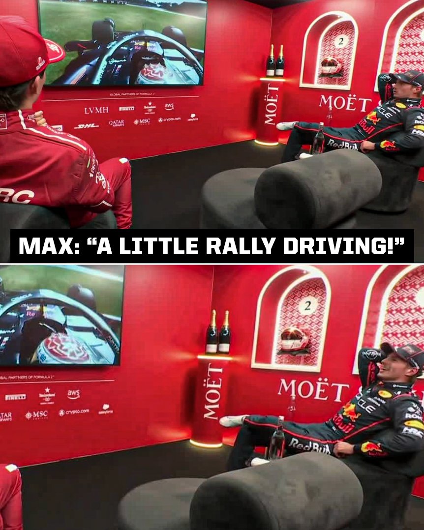 ESPNF1's tweet image. Max reacting to himself driving over the grass 😭