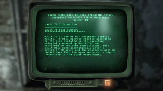 FilmsFallout's tweet image. Did you know Vault 76 is mentioned in Fallout 3 way back in 2008?

In Fallout 3 If you go to The Citadel and access the terminal about Vaults in D.C. and the surrounding area you will find mention of vault 76. 

Ill always love how past games (and probably the tv show) lay ground…