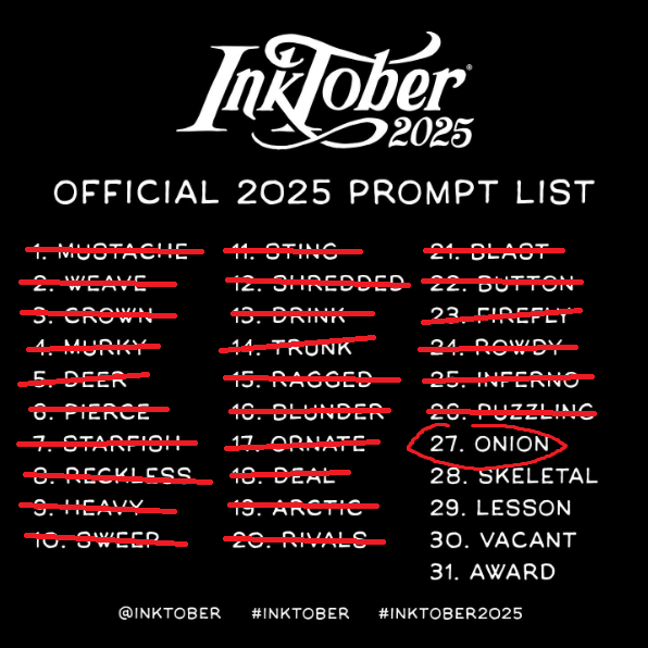 Aurorewolf37's tweet photo. Jour 27 du #inktober2025 : Oignon

@inktober #inktober2025onion #inktober2025day27 #inktober2025onionday27 #inktober2025day27onion #drawingchallenge #onion #oignon #shrekfanart #ogresarelikeonions https://t.co/O0L5UDjNzy