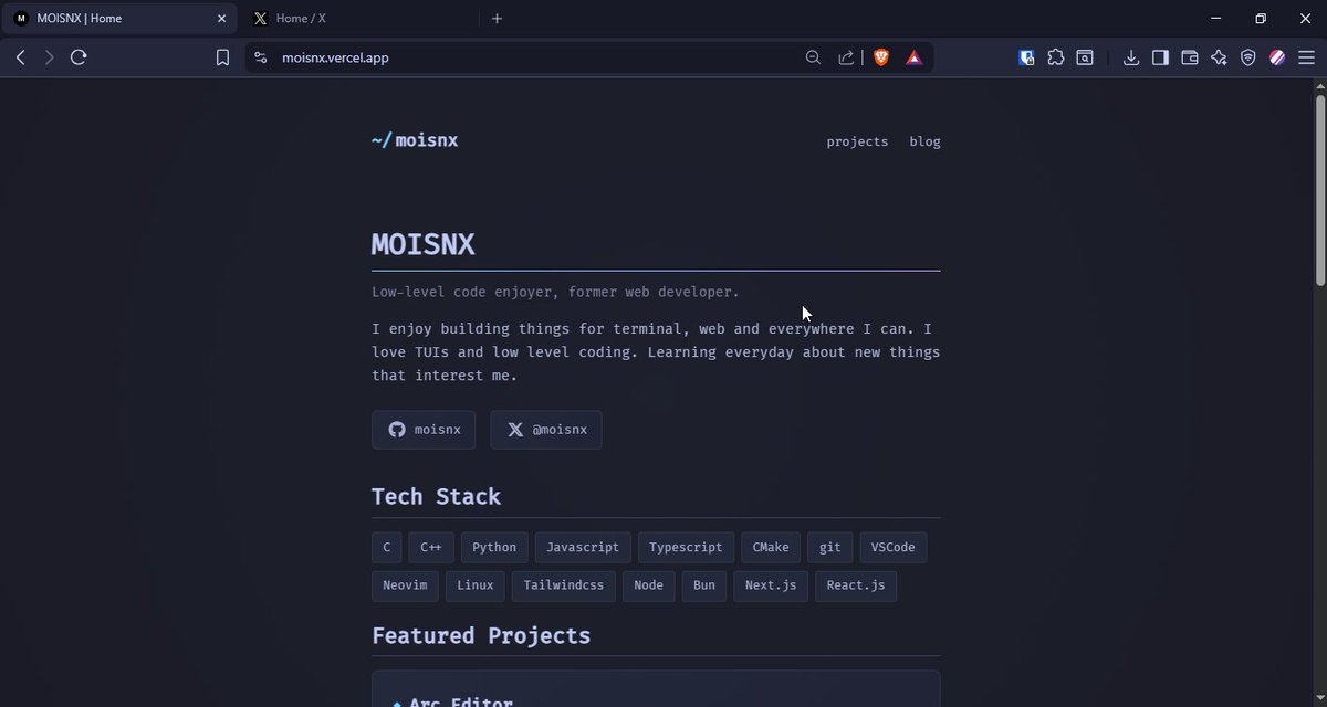 moisnx's tweet image. New portfolio just dropped! Pure html css and javascript. There is just javascript in things that CSS cant do yet, like scrolling state.
It was generated by my own static website generator built in C++! It parses and converts markdown to raw html.