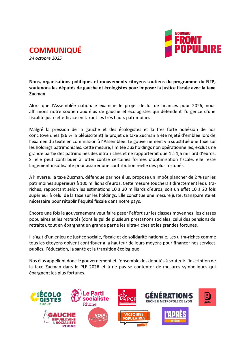 Budget 2026 : Nos élu.es appellent le gouvernement et l’ensemble des député.es à soutenir l’inscription de la taxe Zucman dans le PLF 2026 pour imposer la justice fiscale !