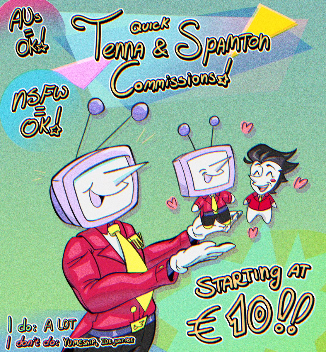I can't stop drawing these idiots and want to save up for a drawing tablet, so I'm opening up Tenna &amp; Spamton focused art comms!

NOTE: This is ONLY for Tenna &amp; Spamton commissions (and maybe the other Addisons too)

Details and pricing are in the replies!

#deltarune #spamtenna