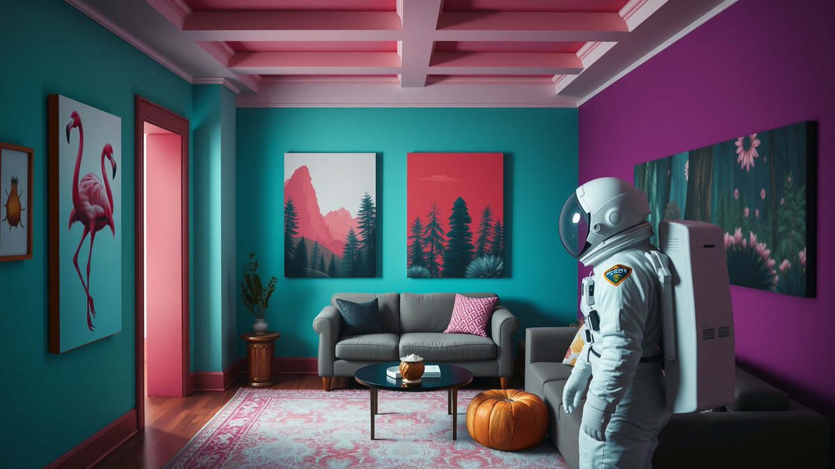 Surreal astronaut in a colorful living room with whipped cream cup evoking sweet syrup vibes