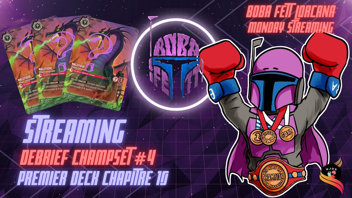 Salutations les Lorcaniens ! 👋

🎥 Monday Streaming au programme :
🏆 Débrief ChampSet 4 (🗓️ 2 tournois ce week-end)
🧊 Débrief Milwaukee
🃏 Premier deck Chapitre 10
❓ Quio jouer au LorcaQuest ?

🕛 À partir de 12h30 sur:
twitch.tv/bobafett17

#Stream #DisneyLorcana #twitch