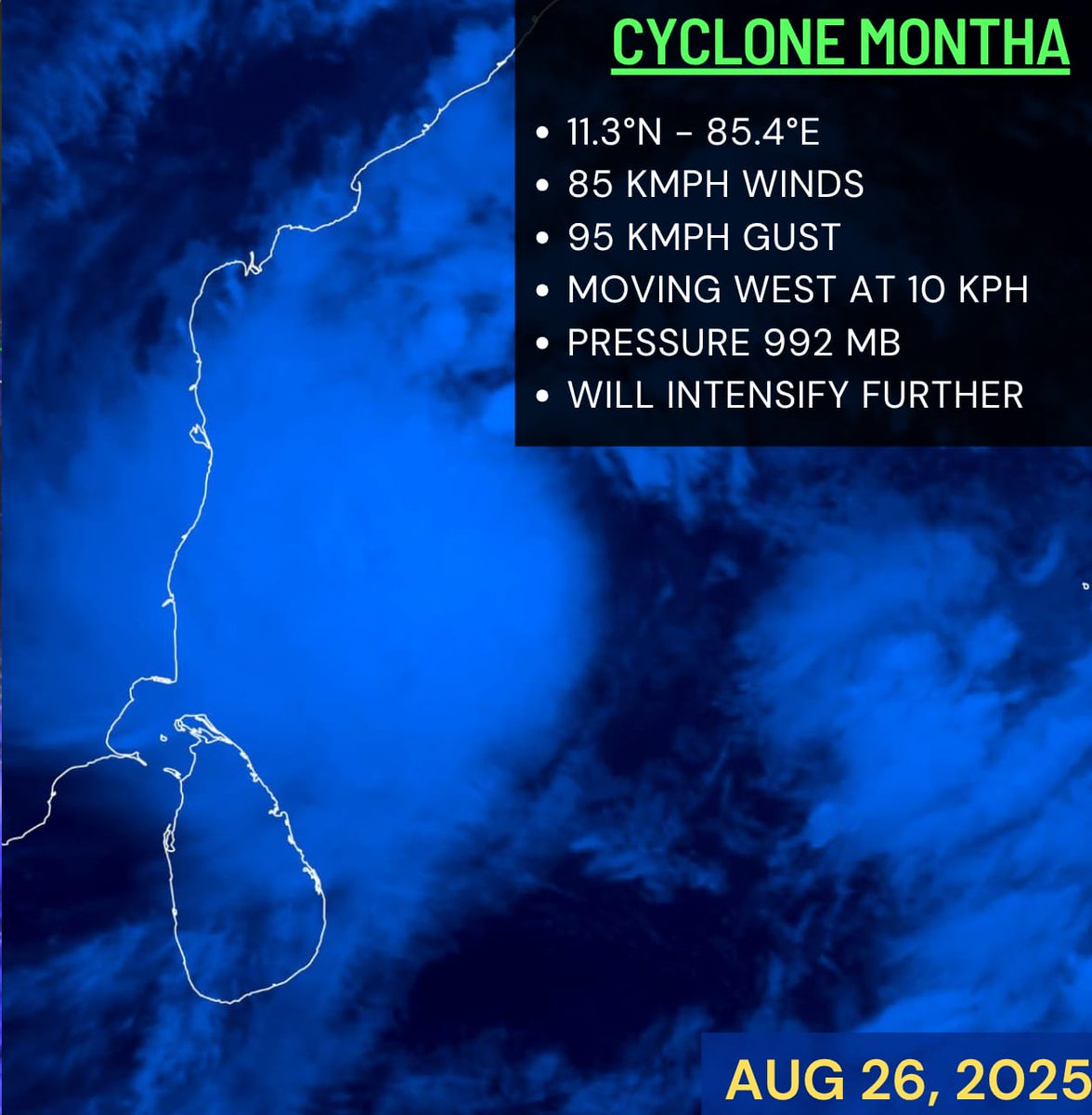 CycloneAnalyser's tweet photo. #Cyclone #03B has been named #Montha by @Indiametdept. A Thailand word means Fragrant #Flowers. Its packing with 85 kph winds based on a recent ASCAT pass.@ECMWF showing a peak of it around 110 kph by 28th October morning in an unstable shear. It will make landfall in #Kakinada https://t.co/aZEg1B6ZK5