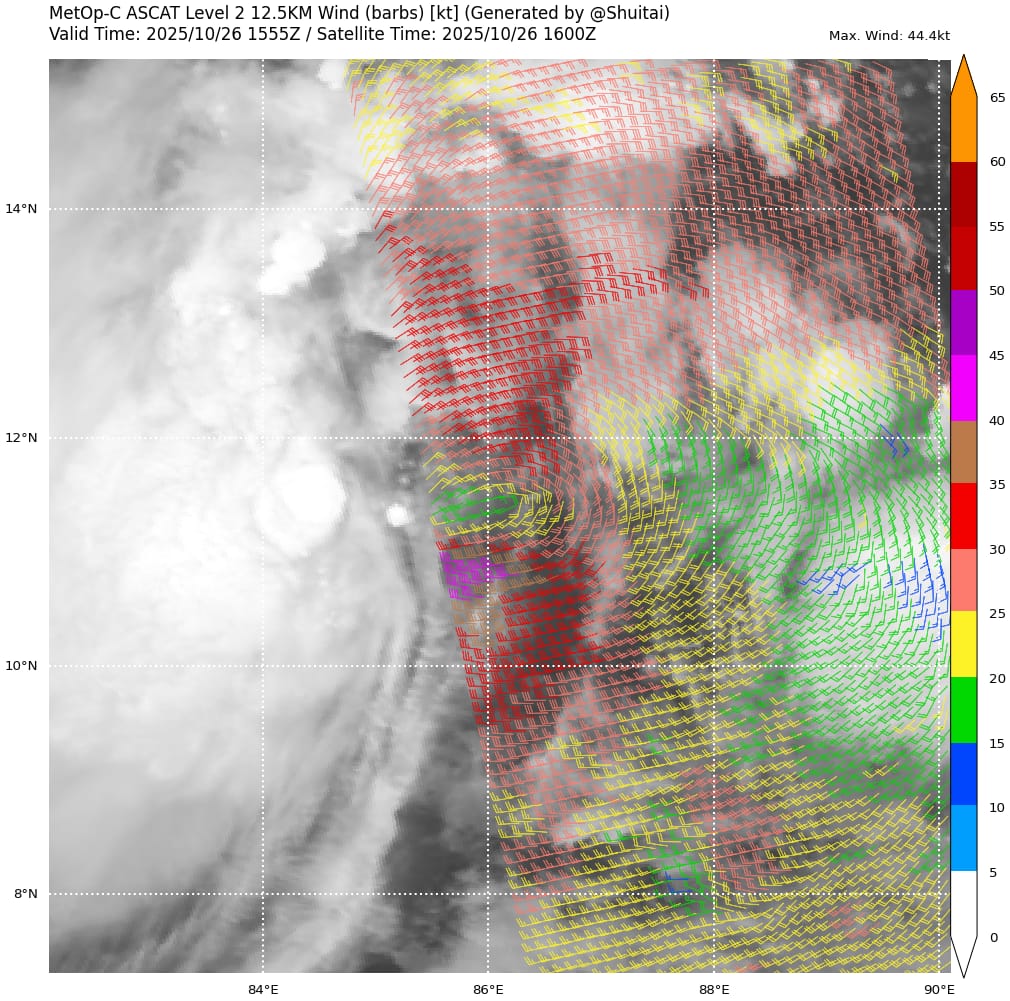 CycloneAnalyser's tweet photo. #Cyclone #03B has been named #Montha by @Indiametdept. A Thailand word means Fragrant #Flowers. Its packing with 85 kph winds based on a recent ASCAT pass.@ECMWF showing a peak of it around 110 kph by 28th October morning in an unstable shear. It will make landfall in #Kakinada https://t.co/aZEg1B6ZK5