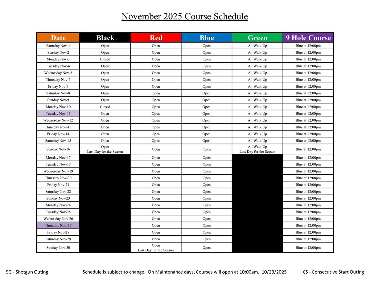 BethpageGolf's tweet photo. Here is the calendar for November. Since the schedule can change, please call the Golf Office at 516.249.0700 to confirm if a course is open on a particular date. https://t.co/qZlUXtX0nw