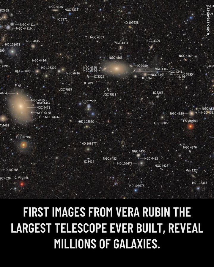 konstructivizm's tweet photo. The Vera C. Rubin Observatory has produced the first-ever full-sky imaging survey, revealing millions of previously undetected galaxies distributed throughout extragalactic space.Equipped with an 8.4-meter primary mirror and a 3.2-gigapixel focal-plane camera—the largest digital camera ever constructed for astronomy—the observatory will conduct repeated scans of the entire southern celestial hemisphere over a 10-year baseline, enabling time-domain observations of transient phenomena.The Legacy Survey of Space and Time (LSST) will facilitate real-time detection of near-Earth asteroids, supernovae, and other dynamic events while providing high-precision photometric and astrometric data to constrain the influence of dark matter on large-scale structure.These inaugural images represent the initial dataset in a decade-long campaign that will dramatically enhance our understanding of cosmic evolution and the underlying architecture of the universe.