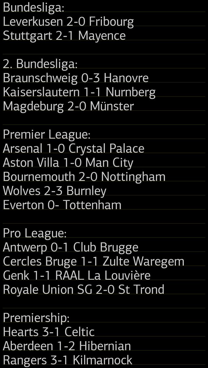 TrisInfoFoot's tweet photo. Les résultats foot de ce Dimanche 26 octobre: #SerieA #TORGEN #2Bundesliga #ProLeague #LALIGAEASPORTS #Eredivisie #ligue1mcdonalds #LOSCFCM #SASASR #VERCAG #PremierLeague #ARSCPA #AVFCMCI #SuperLig #RMAFCB #SCOFCL #AJAHAC #SRFCOGCN #EVETOT #OLRCSA #LAZJUV #LigaPortugal https://t.co/pKhzJ0eR0Q