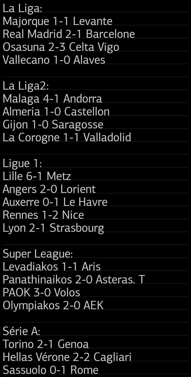 TrisInfoFoot's tweet photo. Les résultats foot de ce Dimanche 26 octobre: #SerieA #TORGEN #2Bundesliga #ProLeague #LALIGAEASPORTS #Eredivisie #ligue1mcdonalds #LOSCFCM #SASASR #VERCAG #PremierLeague #ARSCPA #AVFCMCI #SuperLig #RMAFCB #SCOFCL #AJAHAC #SRFCOGCN #EVETOT #OLRCSA #LAZJUV #LigaPortugal https://t.co/pKhzJ0eR0Q