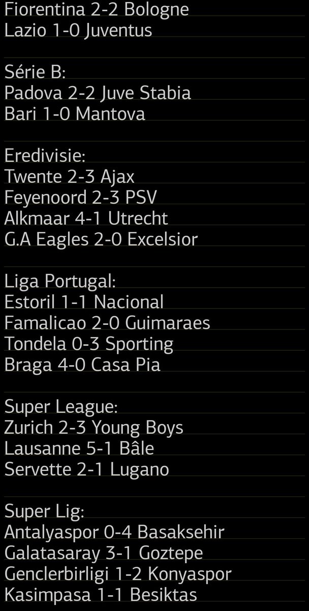 TrisInfoFoot's tweet photo. Les résultats foot de ce Dimanche 26 octobre: #SerieA #TORGEN #2Bundesliga #ProLeague #LALIGAEASPORTS #Eredivisie #ligue1mcdonalds #LOSCFCM #SASASR #VERCAG #PremierLeague #ARSCPA #AVFCMCI #SuperLig #RMAFCB #SCOFCL #AJAHAC #SRFCOGCN #EVETOT #OLRCSA #LAZJUV #LigaPortugal https://t.co/pKhzJ0eR0Q