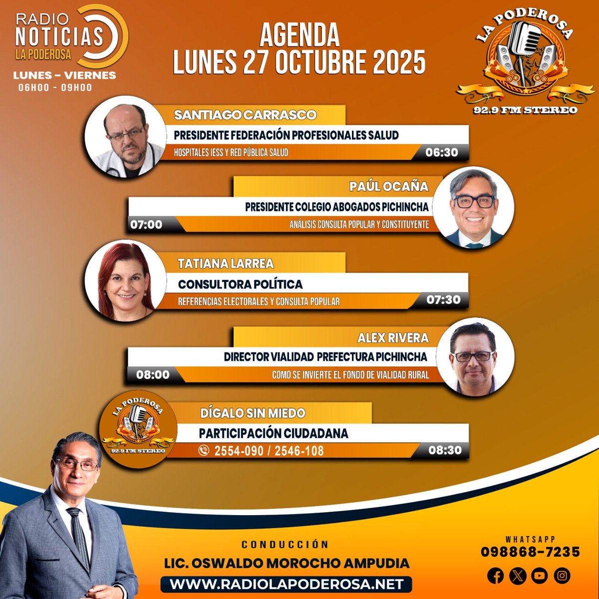 Agenda del Día
📅 Lunes 27 Octubre 2025
📻 92.9 FM ¡Sintonízanos en vivo!
🎥 Facebook Live
#RadioNoticias | #Noticiero | #Entrevistas 
<a href="/GaloWEnriquez1/">Galo W. Enriquez E.Mag.</a>
