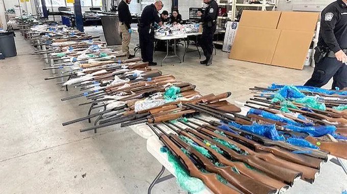 First image shows numerous firearms of various types including rifles shotguns and handguns laid out on tables covered with blue plastic bags in an indoor warehouse setting with law enforcement officers in uniforms examining and handling them surrounded by cardboard boxes and tables. Second image depicts the interior of a wooden trailer with walls lined by multiple blue plastic-wrapped bundles secured with straps indicating hidden compartments used for smuggling the weapons.