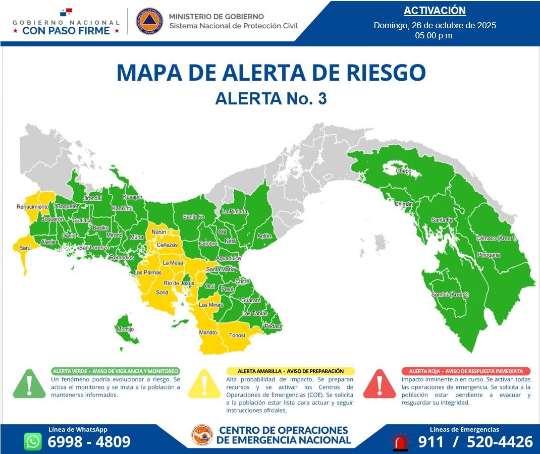TReporta's tweet photo. El @Sinaproc_Panama elevó este domingo Alerta Amarilla para el Sur del distrito de Tonosí, el Sur de la provincia de Veraguas y Sur de Barú en Chiriquí, ante posibles efectos indirectos del huracán Melissa.

Se prevé el incremento de lluvias, inundaciones, ráfagas de viento y oleajes.

El director del Sinaproc, Omar @osmithgallardo, detalló las afectaciones por inundaciones que se han registrado en varias regiones, donde se han establecido albergues.