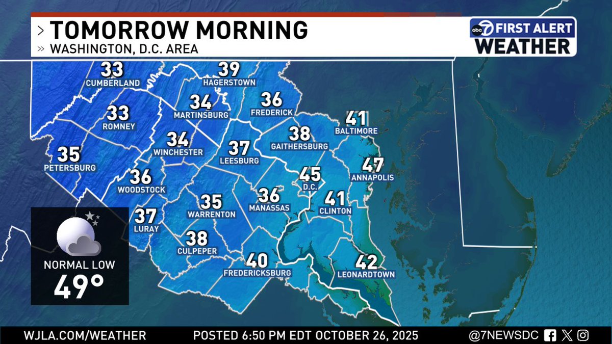 Tonight's forecast low temperatures around the DMV.