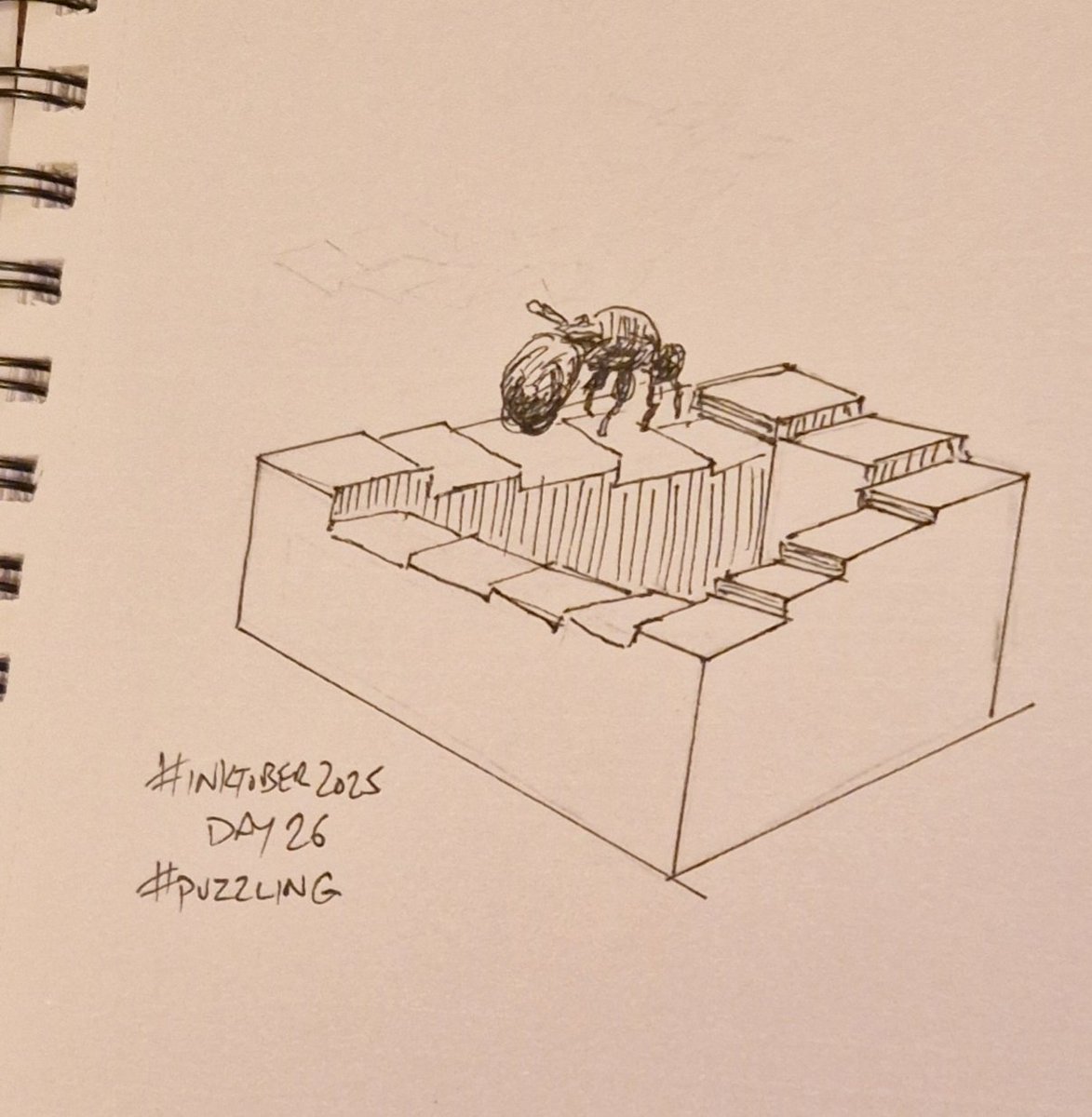 #inktober2025 Day 25 Dates Towering #inferno Day 26 #puzzling - a dung beetle on a penrose staircase