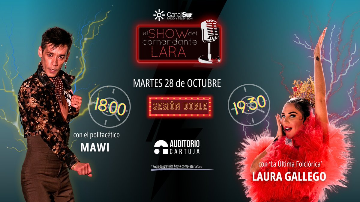 💥¡Doble ración de risas con "El show del Comandante Lara" el martes 28!💥

⌚ 18:00 | 𝑴𝒂𝒘𝒊 ⌚ 19:30 | 𝑳𝒂𝒖𝒓𝒂 𝑮𝒂𝒍𝒍𝒆𝒈𝒐

🎟️GRATIS hasta completar aforo | Auditorio Cartuja (Sevilla)  

🗣️ <a href="/ShowComandante/">El Show del Comandante Lara</a> | <a href="/ComandanteLara/">Luis Lara</a> | <a href="/elmawioficial/">El Mawi</a> | @lauragallegosoy