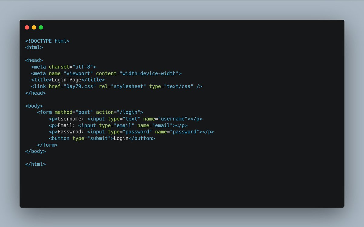 dkingony's tweet image. Day 79 of 100
Today was all about getting my web pages to talk back to the webserver, with forms. With html & css, I built a simple login form that takes in a user's username, email address & password for tomorrow's challenge.
#Replit100DaysOfCode #100DaysOfCode #LearnInPublic