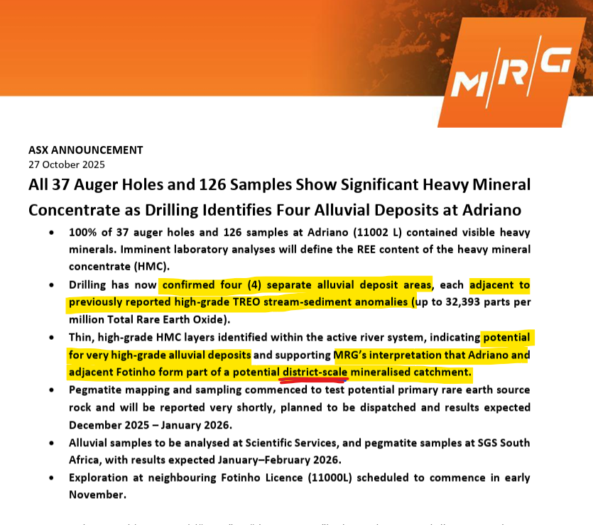 $MRQ All 37 Auger Holes and 126 Samples Show Significant Heavy Mineral Concentrate as Drilling Identifies Four Alluvial Deposits at Adriano 

These licences show potential for extremely hi-grade #REEs from pegmatite &amp; alluvial deposits on a DISTRICT-SCALE mineralised catchment!🔥
