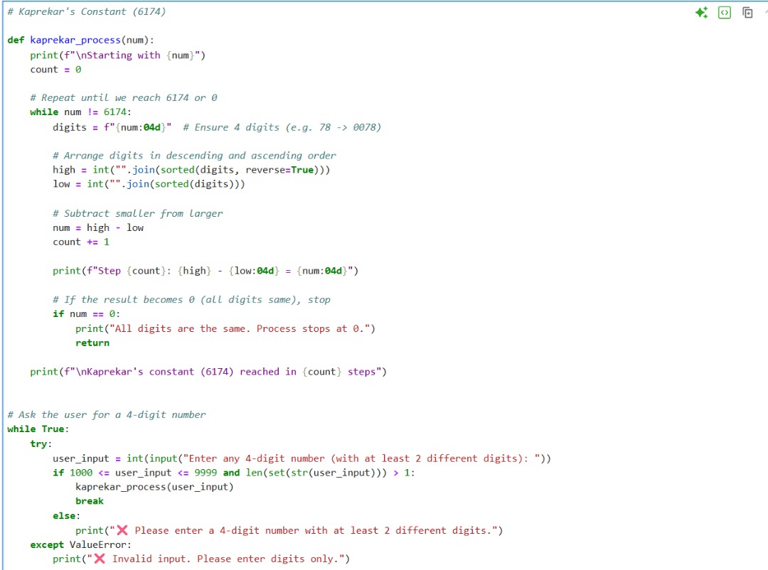 i_Am_Stroud's tweet image. Day 69 of #100DaysOfCode 🐍
Played with Kaprekar’s Constant (6174) today 🔢
Used if statements, loops, and string logic to reach the magic number.
Math + Python = Pure fun 🤯
#Python #100DaysOfCode #CodingJourney #LearningInPublic