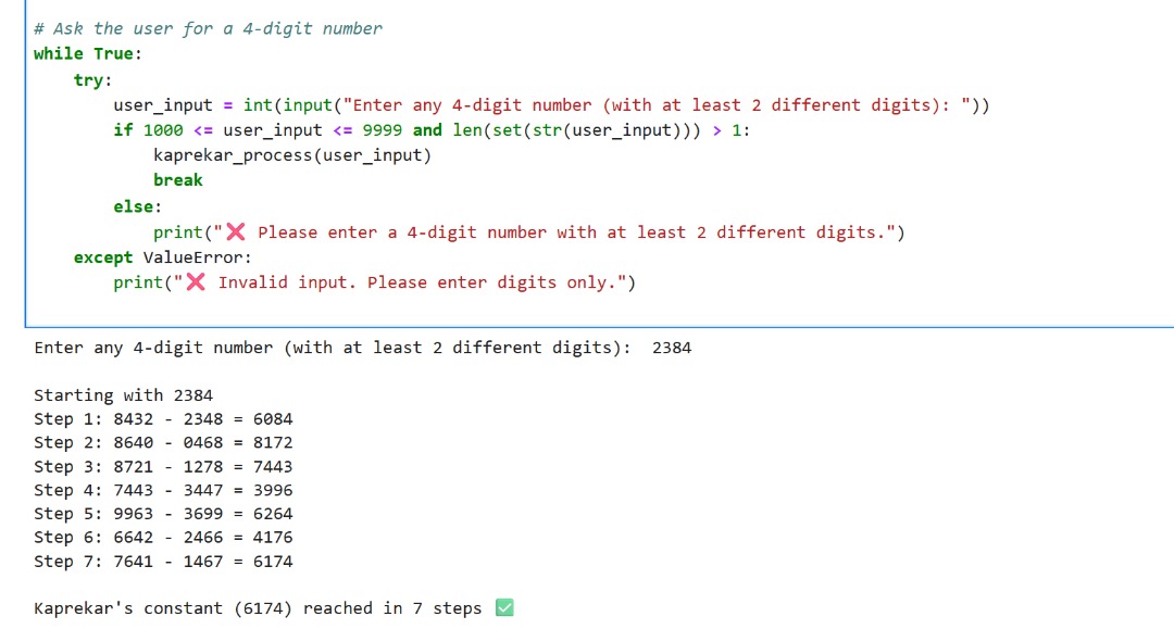 i_Am_Stroud's tweet image. Day 69 of #100DaysOfCode 🐍
Played with Kaprekar’s Constant (6174) today 🔢
Used if statements, loops, and string logic to reach the magic number.
Math + Python = Pure fun 🤯
#Python #100DaysOfCode #CodingJourney #LearningInPublic