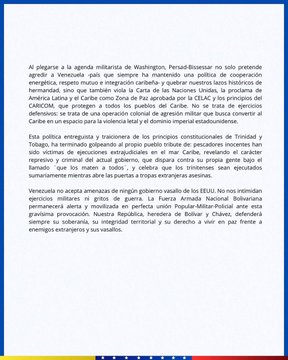 First image shows a blue-bordered official document from the Bolivarian Republic of Venezuela titled Comunicado with text detailing coordination between Guyana and the CIA to provoke war in Venezuela and the Caribbean region involving Tobago and Colombia. It mentions threats to regional stability and calls for international condemnation. Second image is another official Venezuelan government statement accusing a Washington military agency of aggressive plans against Venezuela through Guyana and the US Southern Command. It describes potential victims and calls for rejection of these actions by international bodies.