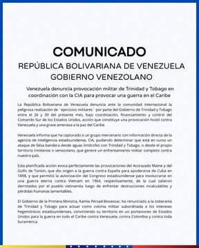 First image shows a blue-bordered official document from the Bolivarian Republic of Venezuela titled Comunicado with text detailing coordination between Guyana and the CIA to provoke war in Venezuela and the Caribbean region involving Tobago and Colombia. It mentions threats to regional stability and calls for international condemnation. Second image is another official Venezuelan government statement accusing a Washington military agency of aggressive plans against Venezuela through Guyana and the US Southern Command. It describes potential victims and calls for rejection of these actions by international bodies.