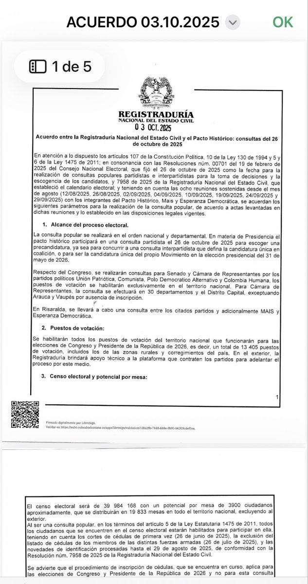 Melquisedec70's tweet image. Atentos. Aquí el documento con las firmas de los partidos petristas en el que acordaron, el 3 de octubre de 2025, que habría 13.405 puestos de votación y 19.833 mesas. Y eso fue lo que funcionó hoy. Mañosos.

Firmaron @ColombiaHumana_ @UP_Colombia y @PoloDemocratico