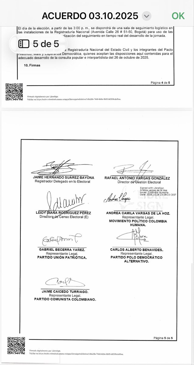 Melquisedec70's tweet image. Atentos. Aquí el documento con las firmas de los partidos petristas en el que acordaron, el 3 de octubre de 2025, que habría 13.405 puestos de votación y 19.833 mesas. Y eso fue lo que funcionó hoy. Mañosos.

Firmaron @ColombiaHumana_ @UP_Colombia y @PoloDemocratico