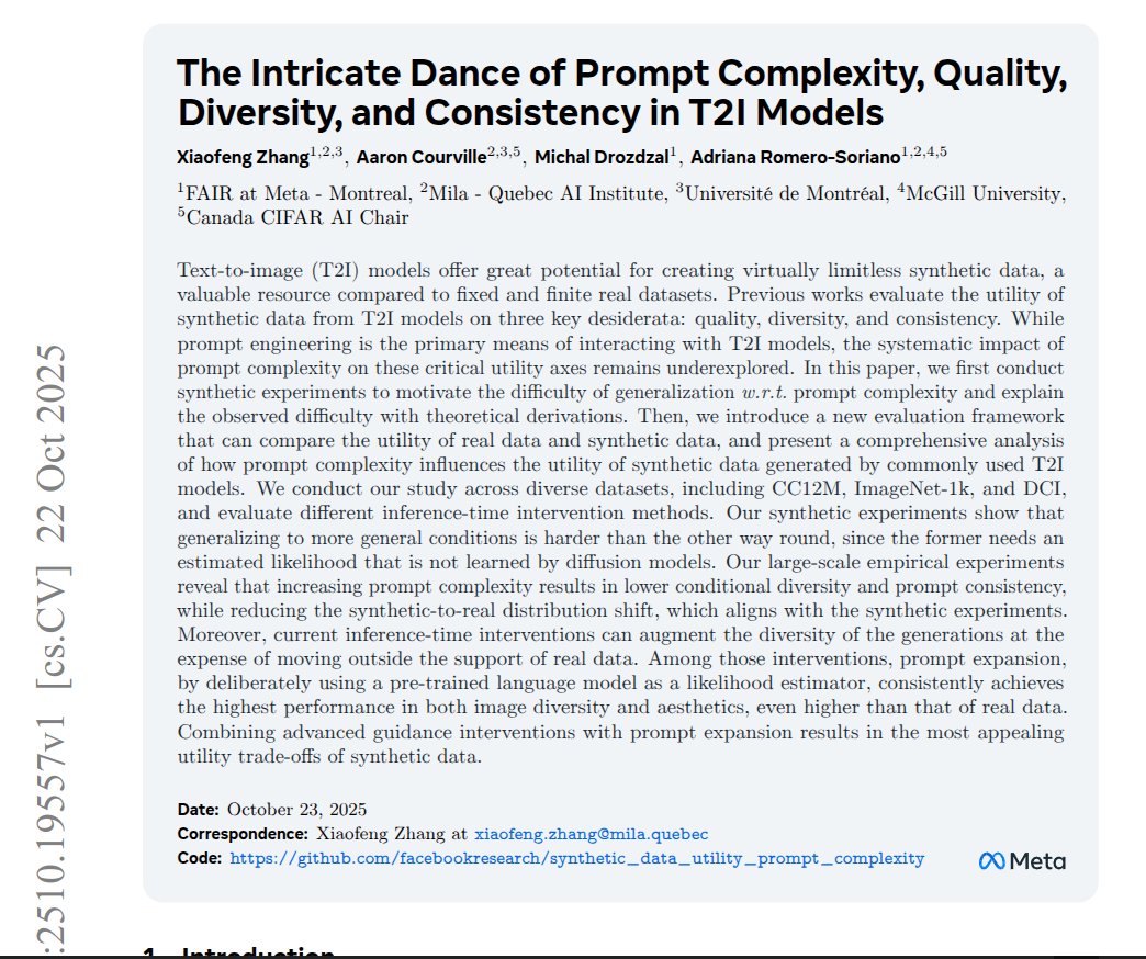 rohanpaul_ai's tweet image. Great new @AIatMeta paper shows how prompt complexity controls quality, diversity, and faithfulness in text to image generation.
t how detailed or vague your prompt is has a big effect on what kind of images text-to-image models create.
When you make prompts too simple, the…