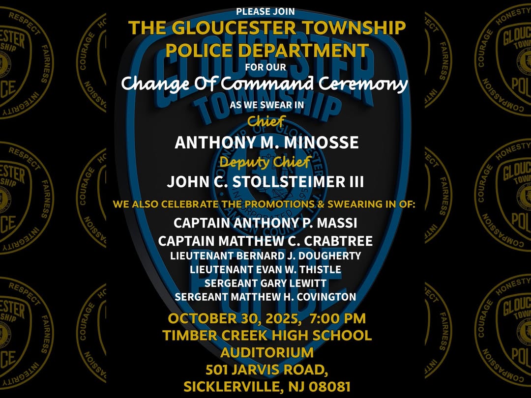 Happening This Thursday Evening! Gloucester Township Police Department's Change Of Command Ceremony, Thursday October 30, 2025! 🫡🇺🇸
Details: 
gtpolice.com/news/article/2…