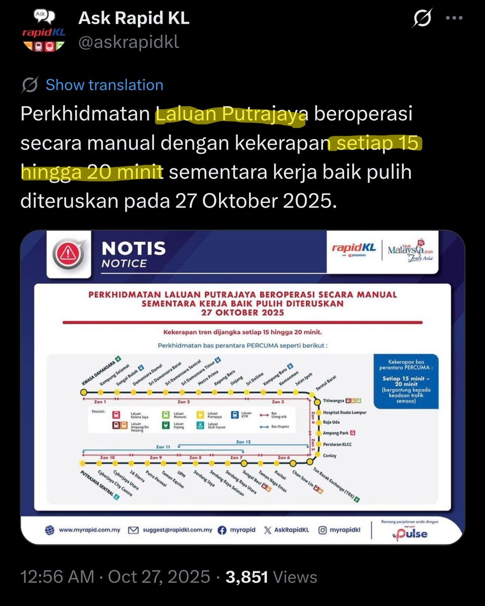 Natcromancer's tweet photo. Because of cable theft, the MRT Putrajaya Line is running every 15-20 minutes instead of every 4 minutes as usual

This has to be treated with the severity that it deserves. We would not accept if a major highway suddenly lost 3/4 of peak capacity, would we? https://t.co/aRrp2M9PZN