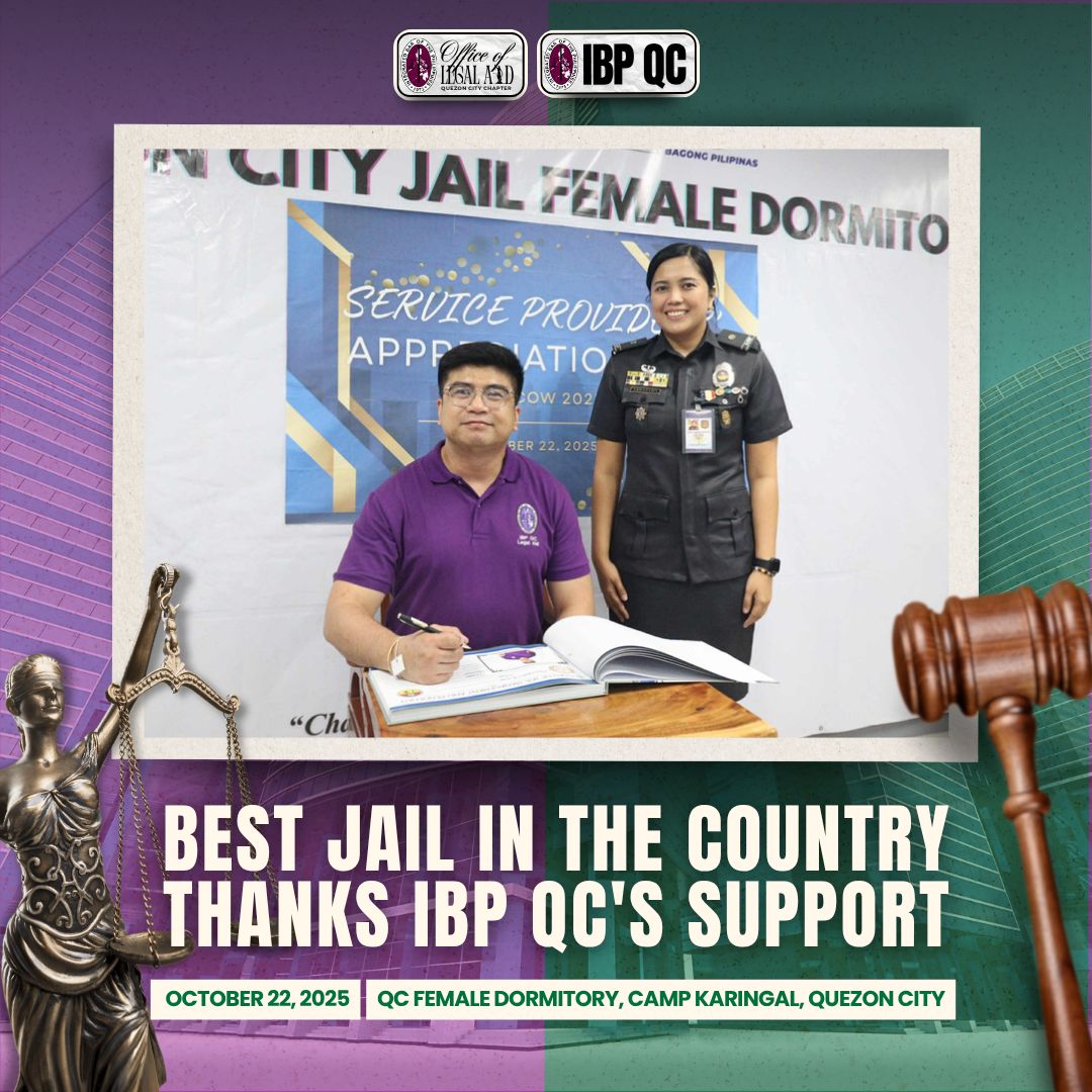 IBP_NCLA's tweet image. IBP Quezon City
October 22, 2025

IBP Quezon City, represented by Chapter Vice President Atty. Jeffrey B. Constantino, was recognized as a key partner in Quezon City Jail- Female Dormitory’s win as Best City Jail for 2025.

#IBPNCLA
#ServeTheCountryHailTheIBP
#IBPLegalAid