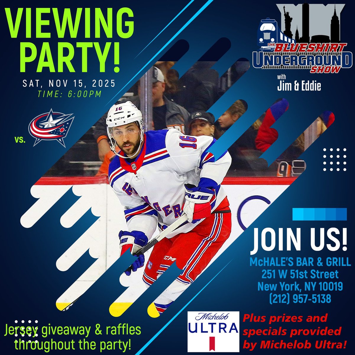 Giving away multiple jerseys at this viewing party, and it’s a road game so you might get to see them win! #nyr