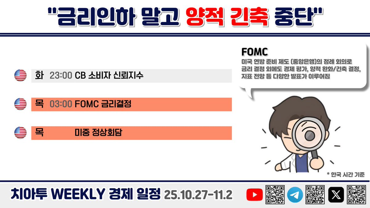 이번 주에 참고하시면 좋을 경제 지표 주요 일정입니다 :) ✓ 10월 28일 (화) 🇺🇸 CB 소비자 신뢰지수 ✓ 10월 30일  (목) 🇺🇸 FOMC 🇺🇸🇨🇳 미중 회담