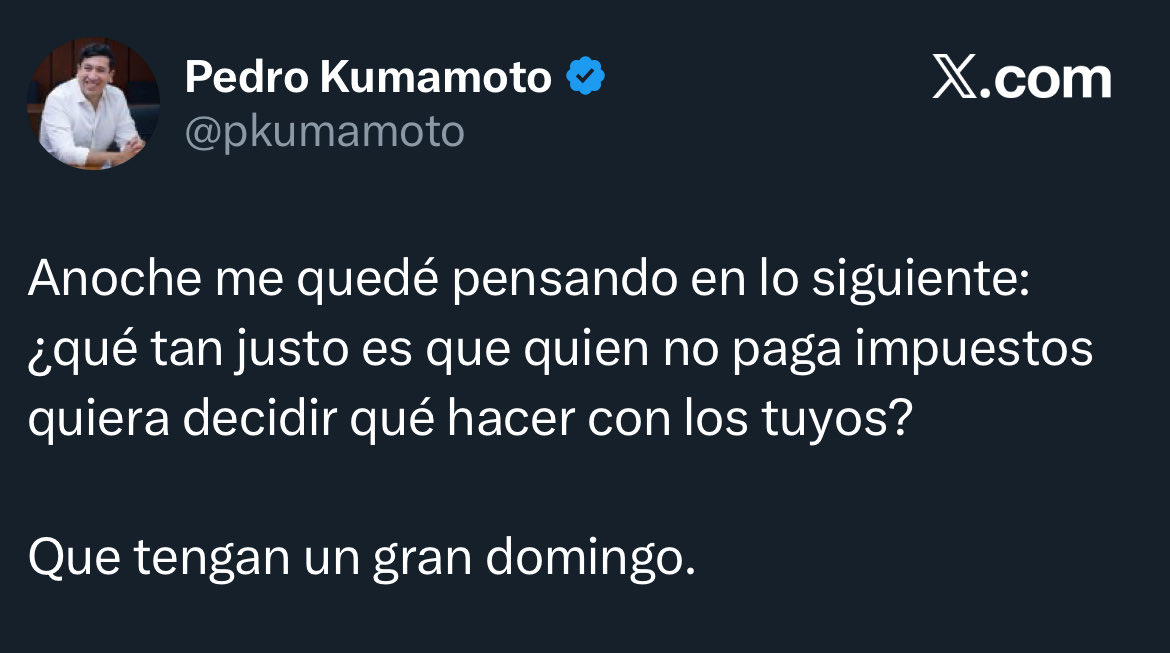 JTrianaT's tweet photo. Anoche me quedé pensando en lo siguiente: ¿qué tan justo es que quien cobra impuestos quiera decidir qué hacer con el fruto de tu trabajo?

Que tengan un gran domingo. https://t.co/NZuPlmBg5M