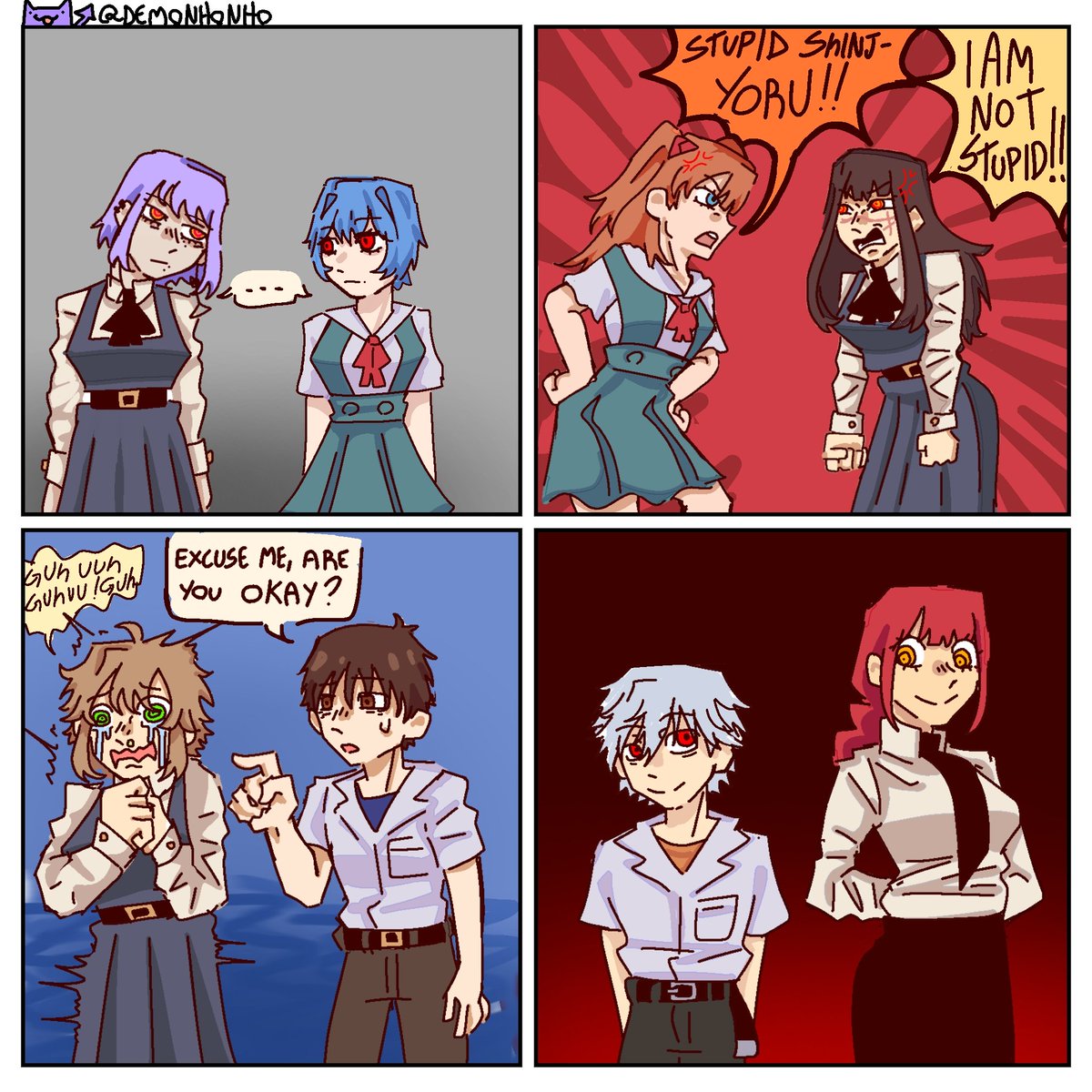 Demonhonho's tweet photo. Personality similarities 
#lilD #reiayanami #yoru #asuka #fami #shinji #makima #kaworu https://t.co/WqP4lc4BC2
