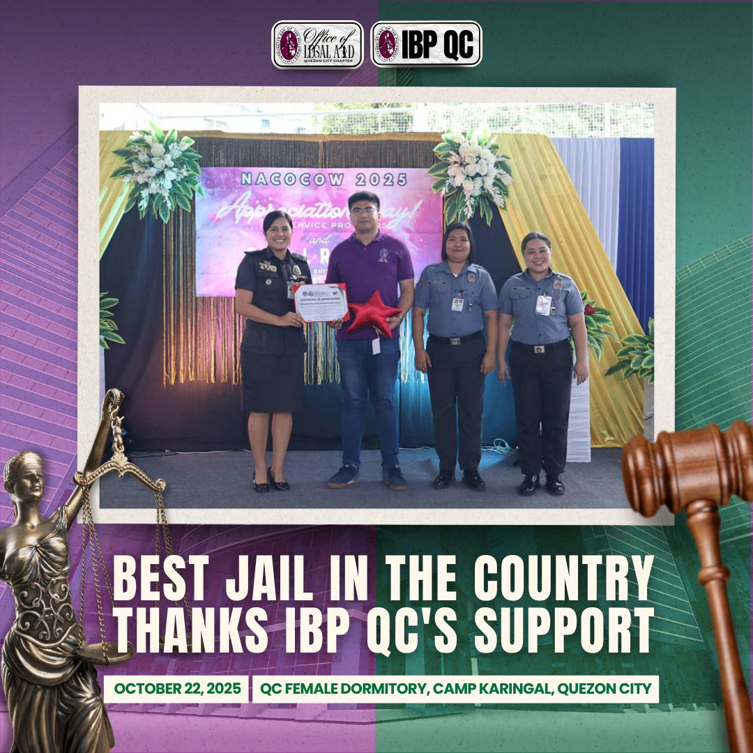 IBP_NCLA's tweet image. IBP Quezon City
October 22, 2025

IBP Quezon City, represented by Chapter Vice President Atty. Jeffrey B. Constantino, was recognized as a key partner in Quezon City Jail- Female Dormitory’s win as Best City Jail for 2025.

#IBPNCLA
#ServeTheCountryHailTheIBP
#IBPLegalAid