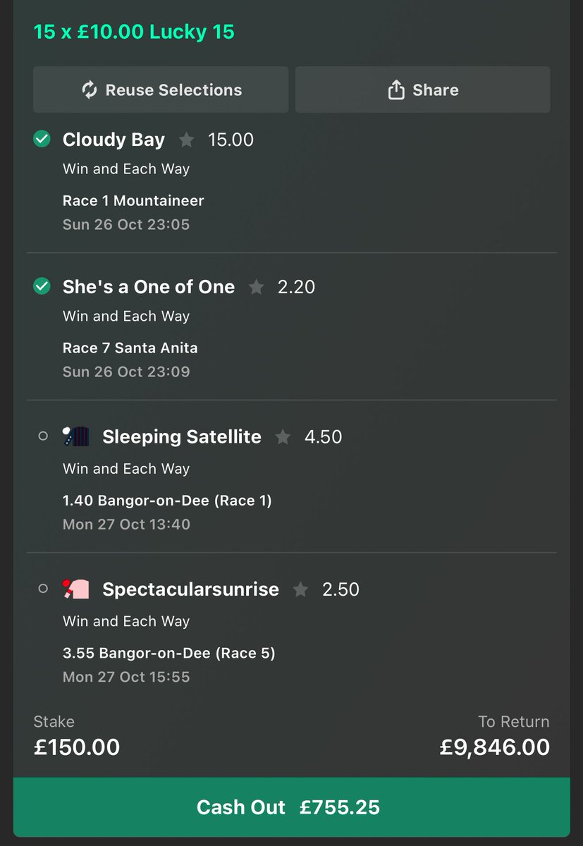 Along way to go but profit anyway so I think I’ll leave it and hope for a big one at Bangor! Hmm I’ll sleep on it, any advice?😂 ant Bangor pros?